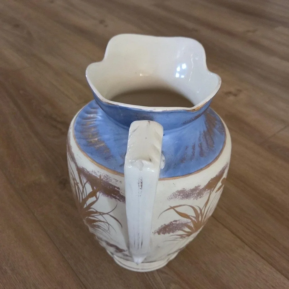 Antique 1888 Staffordshire Ceramic Pitcher Blue Gold‎ Bird Water Lily Floral